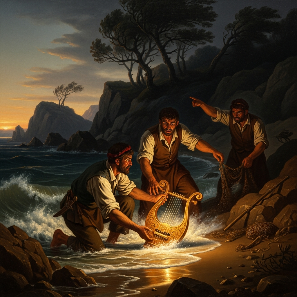 The lyre of Orpheus washing ashore on the island of Lesbos, found by fishermen in the grey dawn — the instrument that became the patron object of lyric poetry, from Sappho to Alcaeus to Pindar.