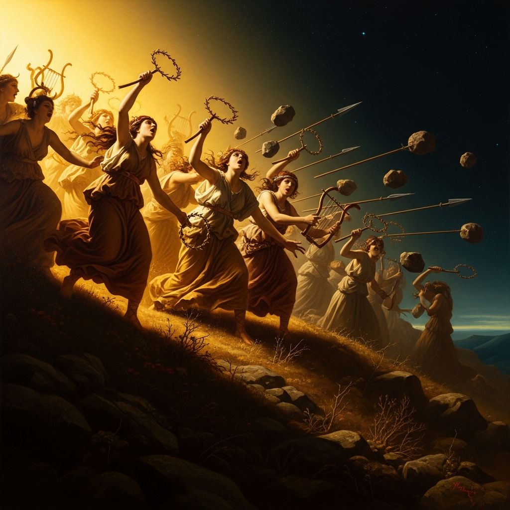 The Maenads of Thrace, thyrsus in hand, descending from the hillside in full Bacchic frenzy — their weapons turning back at first, the music deflecting spear and stone, until the women's screaming drowns the lyre.