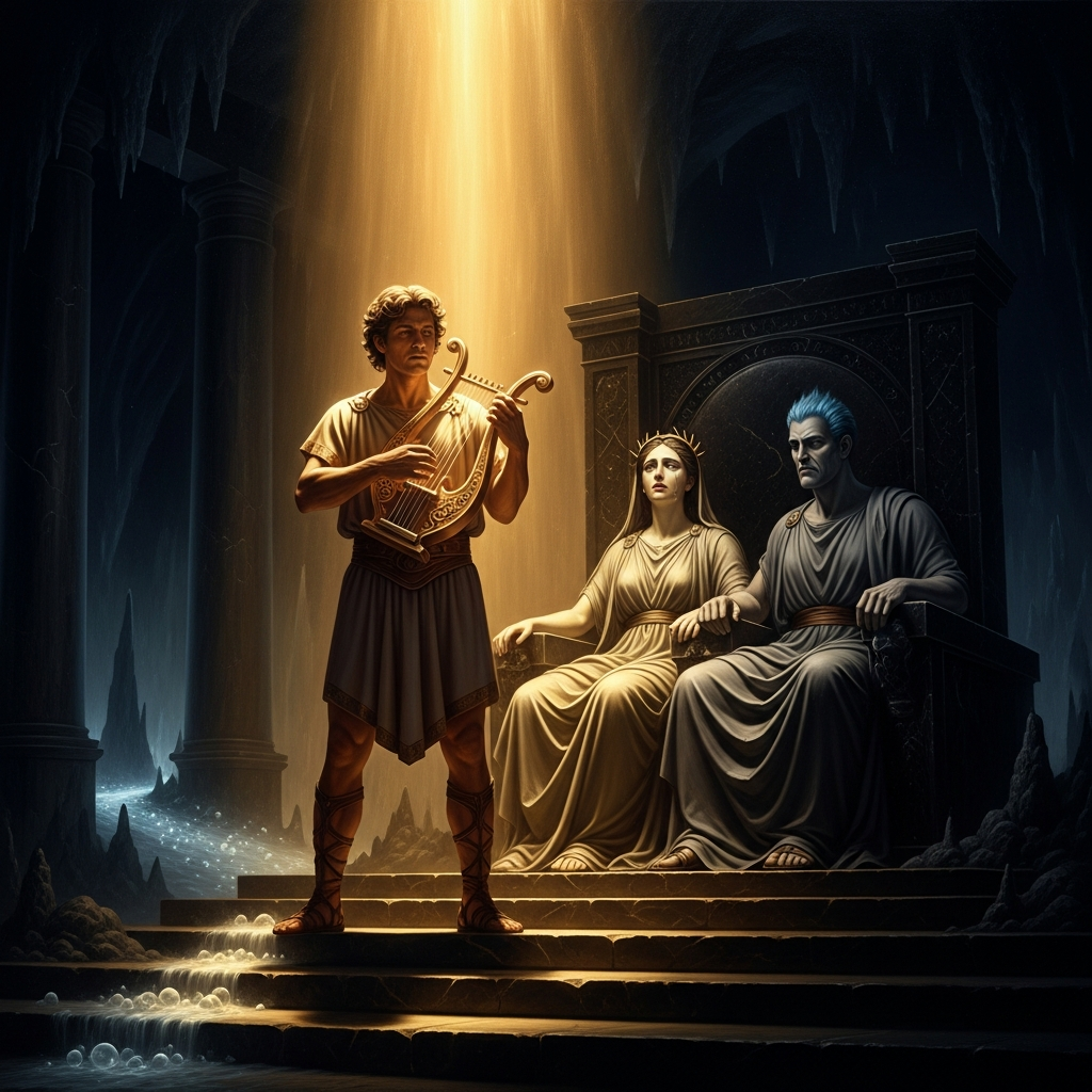 Before the throne of the underworld, Orpheus plays the song that has never been played there — and Persephone, who has never wept, weeps.