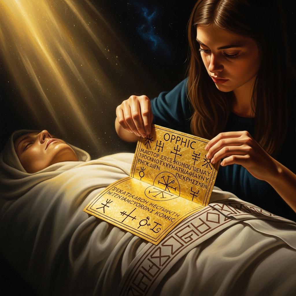A daughter folds a thin gold leaf into her mother's burial garment — the Orphic tablet, inscribed with the soul's road through the underworld.
