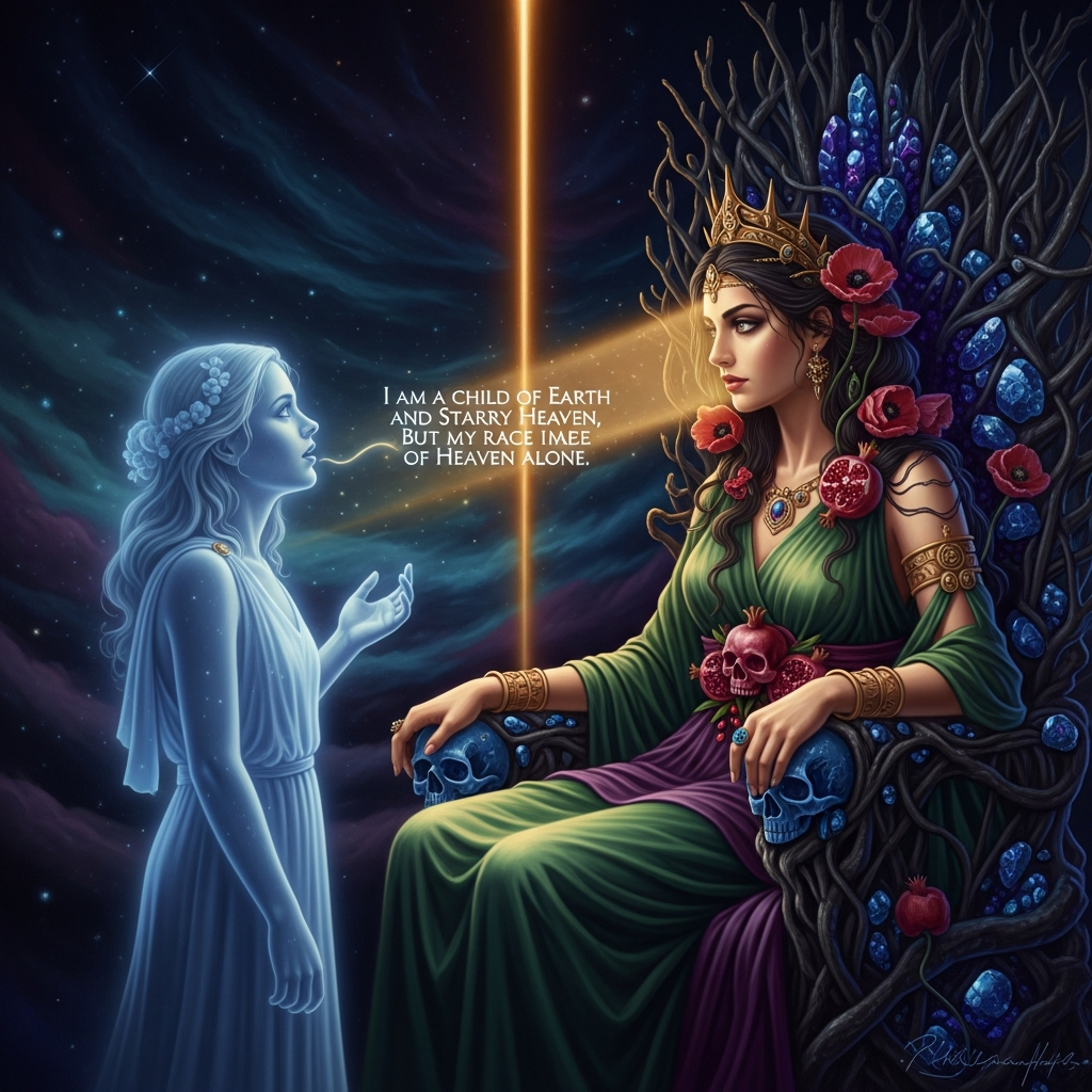 Persephone, queen of the dead, receives the soul who speaks the correct words: 'I am a child of Earth and starry Heaven, but my race is of Heaven alone.'