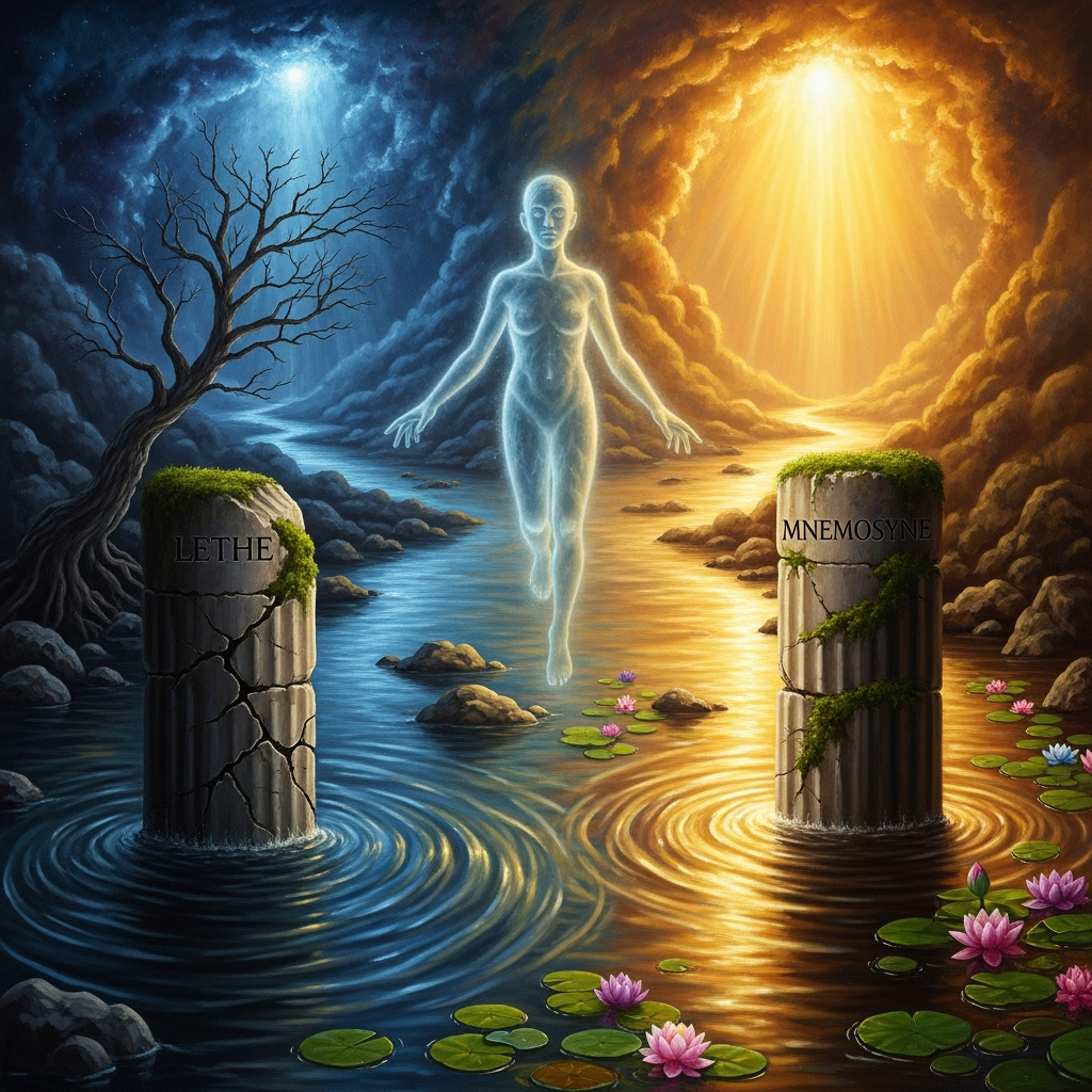 The soul arrives at the crossroads of Lethe and Mnemosyne — forgetting on the left, memory on the right — and must choose without hesitation.