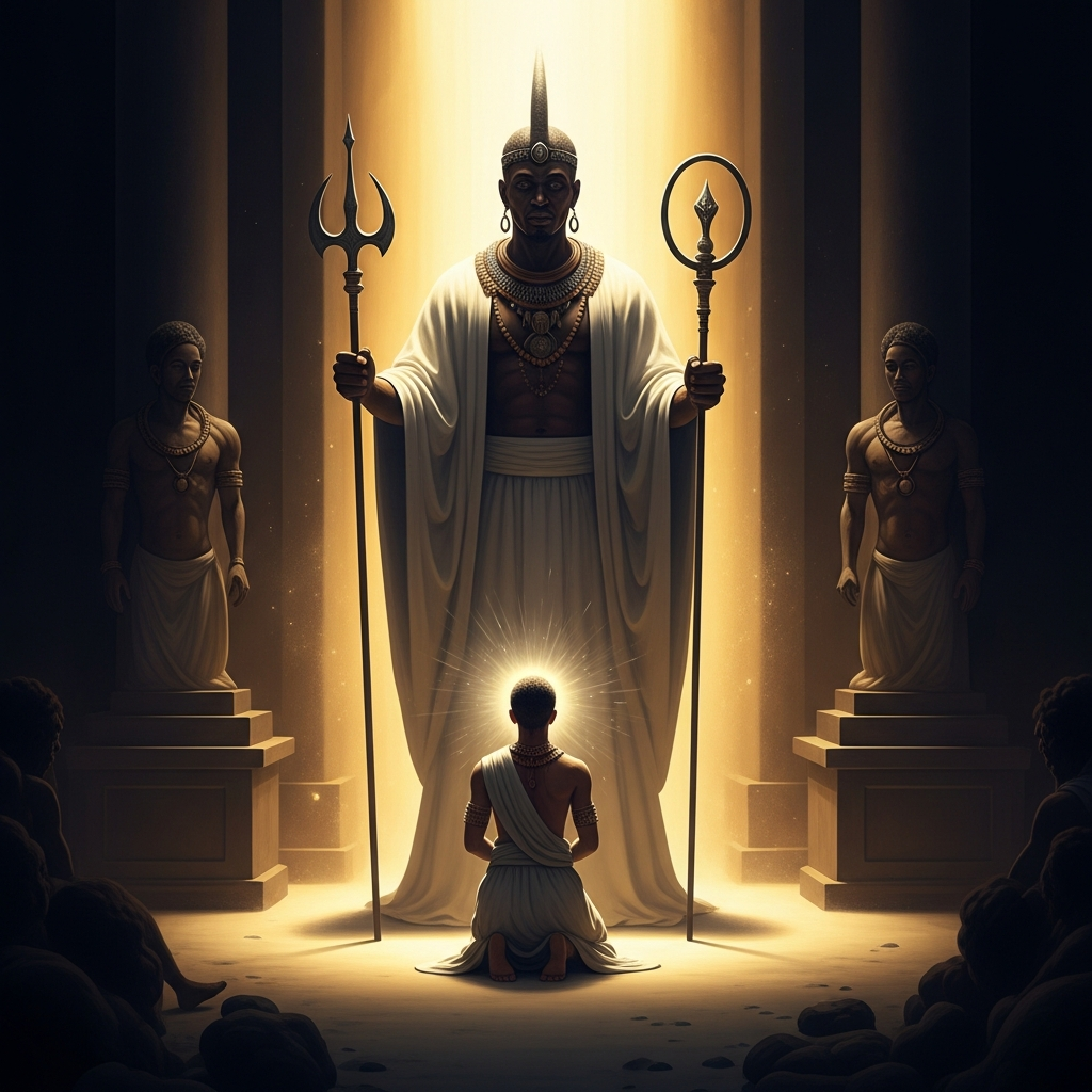 A soul kneels before Olodumare in the luminous space before birth — not small in the presence of the divine but specific, deliberate, already choosing the contours of its life with an authority that will be forgotten the moment it is enacted.