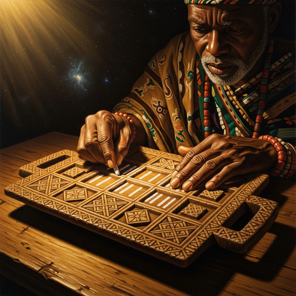 The babalawo marks the Ifa divination tray with swift certainty — sixteen marks become an Odu, the sacred chapter falling open like a book that was always there, already written.