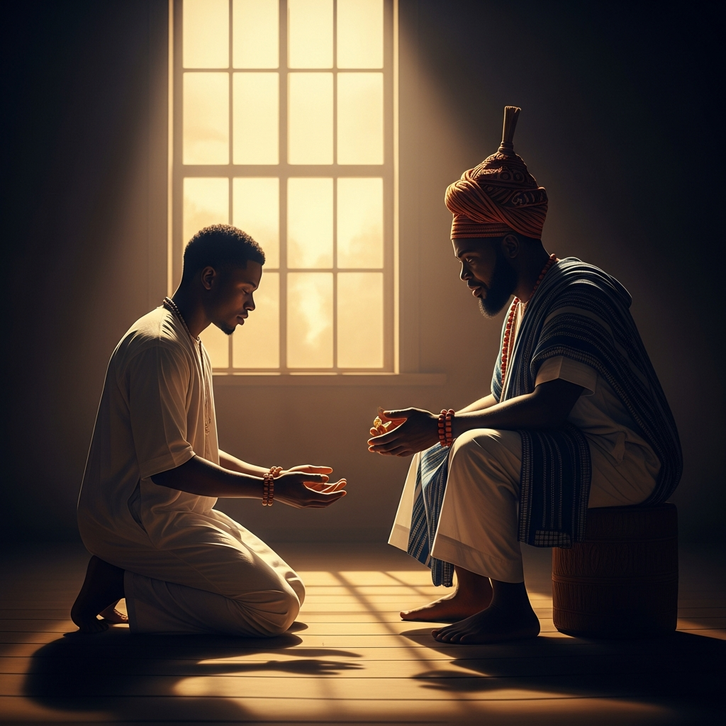 The young man kneels across from the babalawo in the morning light, his hands open on his knees. He has come to ask why his life has gone wrong. He will leave having been told it has not.