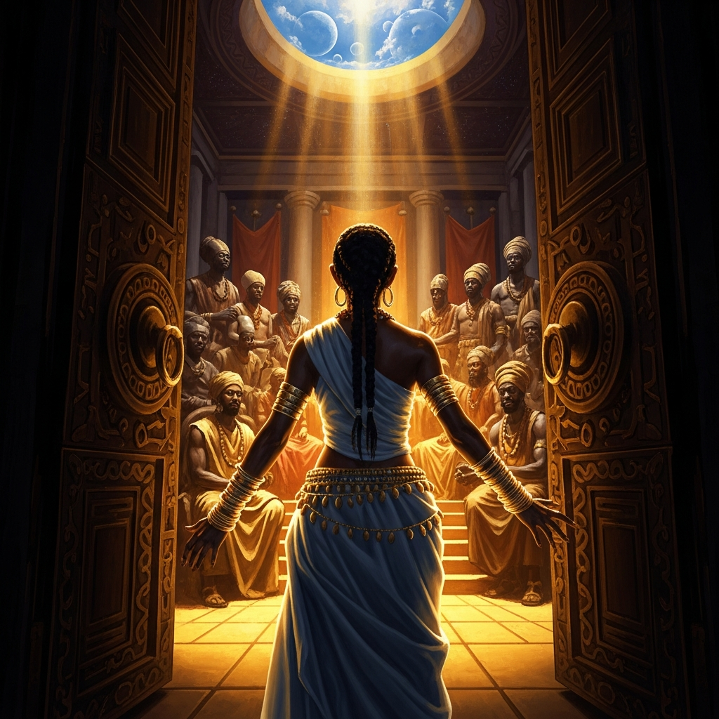 The male Orishas gather at the divine council beneath a sky still bright with possibility. Oshun stands at the threshold, brass bracelets catching the light, watching the doors close before her.