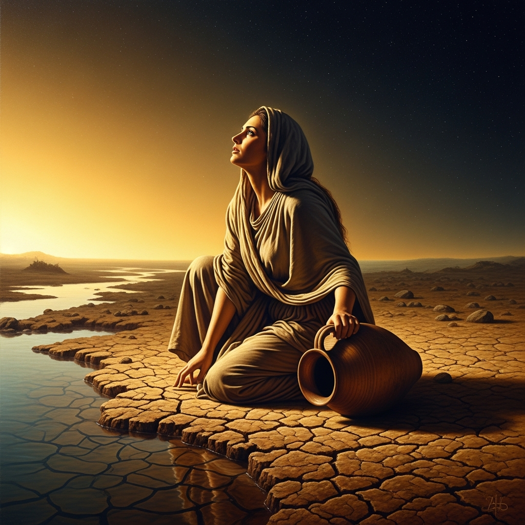 The rivers withdraw into their beds. Cracked earth stretches where water ran yesterday. A woman kneels at a dry bank with an empty clay pot, looking at the sky.