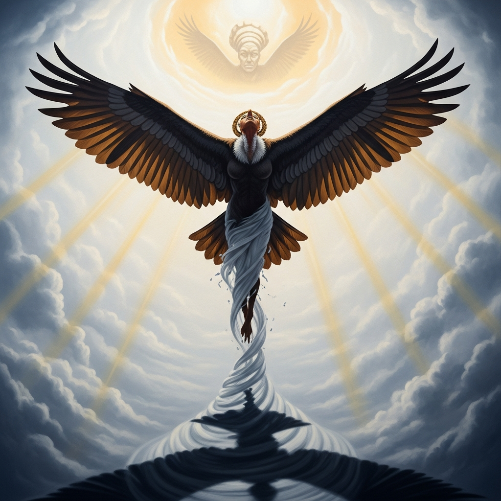 Oshun transforms: the woman dissolves into a vulture — wings dark against the white sky, rising in a thermal column toward the top of the world where Olodumare waits.