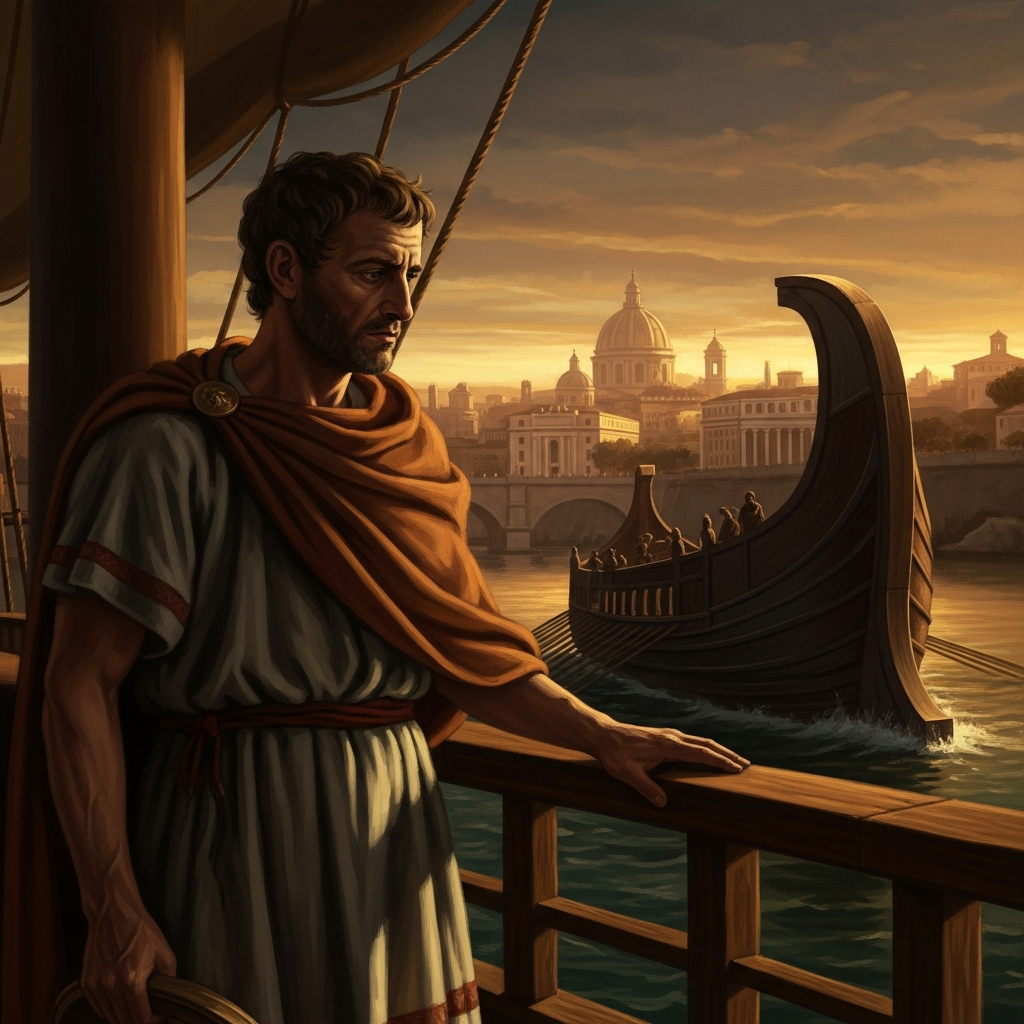 Ovid at the rail of the ship leaving Rome, watching the city disappear behind the Tiber mouth. He is fifty years old. He will not see it again.