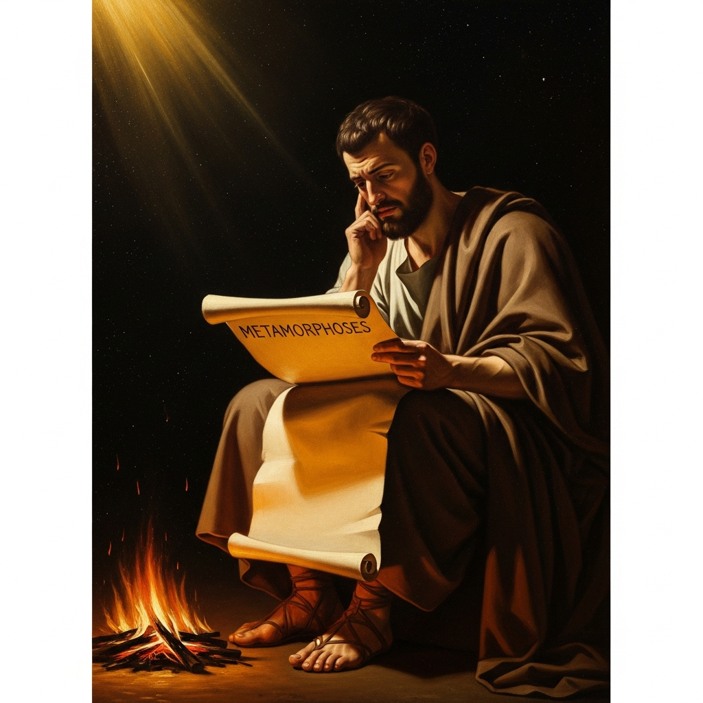 The poet alone by a small fire, holding the scroll of his own Metamorphoses, reading the story of Io — the woman wandering the world who cannot say her own name.