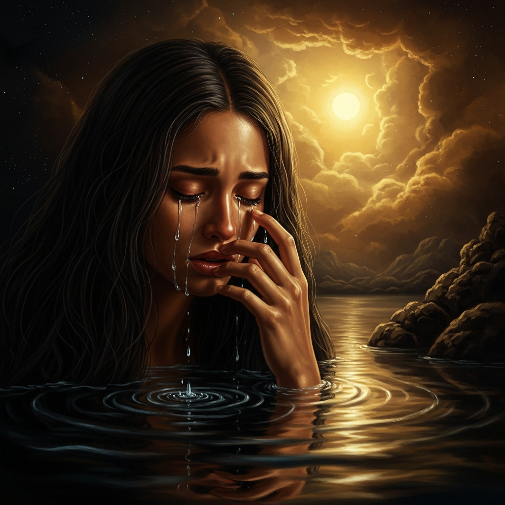 The myth in art: Oxum weeping into the river, her tears falling into the water that is already hers. The world had gone dark without her and the orixás begged her to return and she returned only when Ogum dried her face with his iron hands, and even then she kept the mirror, and even then the tears had made her stronger.