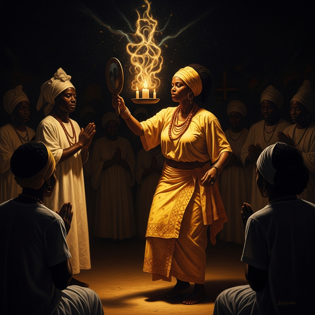 A Candomblé ceremony: a woman in yellow and gold, possessed by Oxum, dancing slowly with the mirror held at eye level. The other celebrants give her space. The mirror catches candle-flame and turns it into something else.