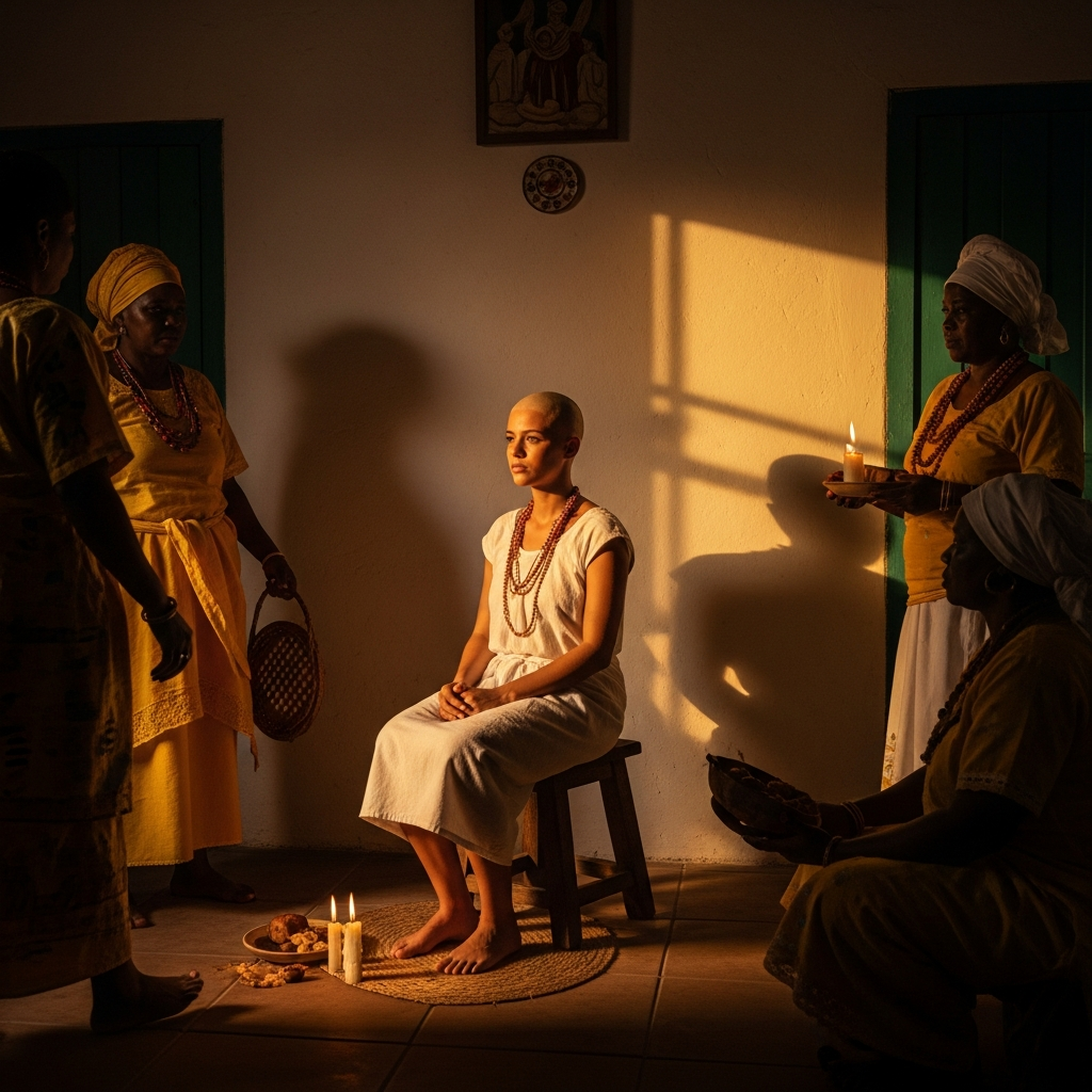 A young woman in white cotton sits on a low stool in a Candomblé terreiro in Salvador, Bahia. Her head is freshly shaved. Older women in yellow and gold move around her, and the candles throw their shadows long and warm across the plaster walls.