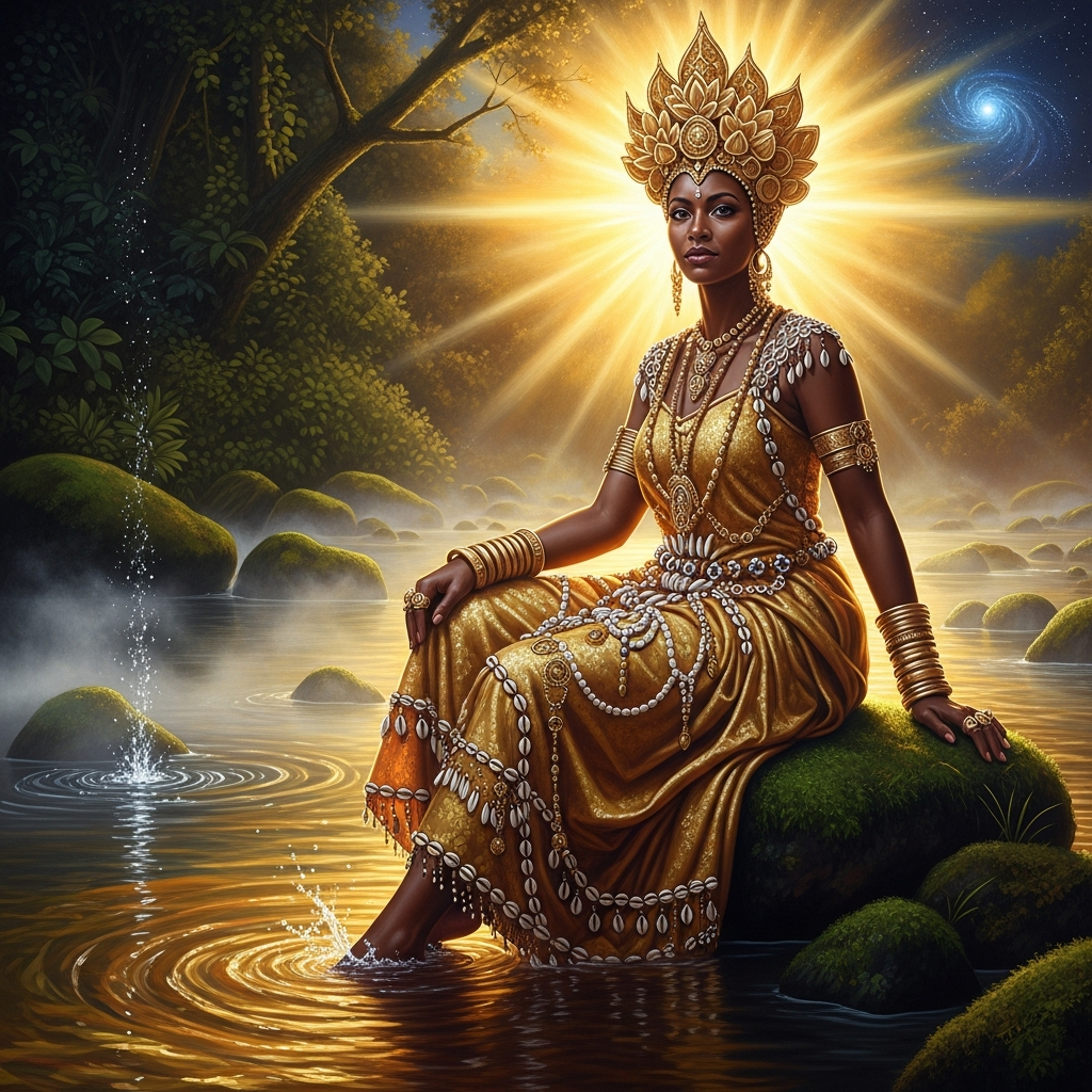 Oxum at the river's edge, her reflection doubled in the still water. She wears gold from wrist to shoulder, gold in her hair, gold beads at her throat. Her mirror is hand-sized and bronze-backed, and she holds it at the angle that catches both her face and the river behind her, so she can watch both at once.