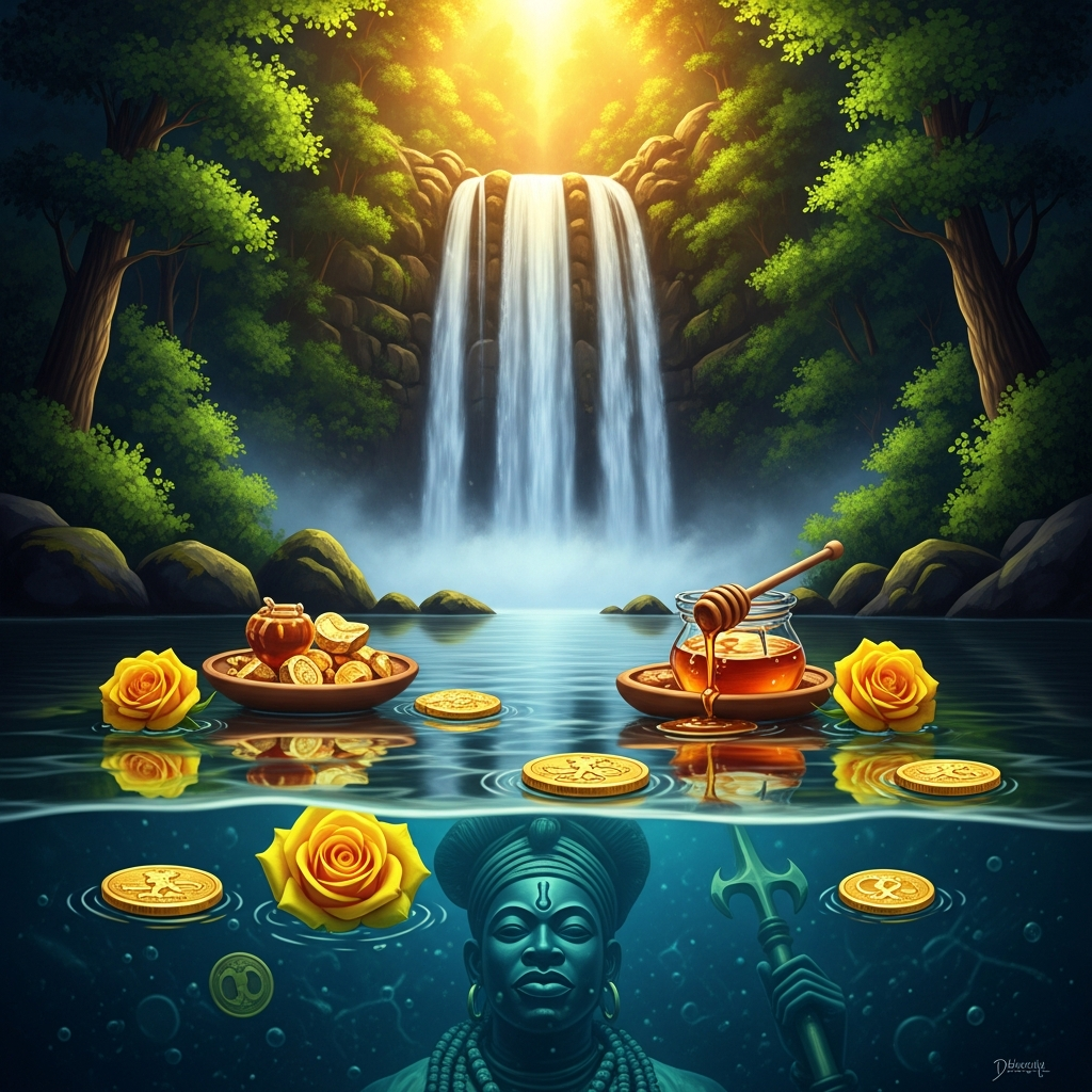 A waterfall in green forest, the pool at its base clear and still before the cascade enters it. Offerings float on the surface: yellow roses, honey, gold-foil coins. Under the water, half-visible, a shape that is the shape of Oxum watching from below.