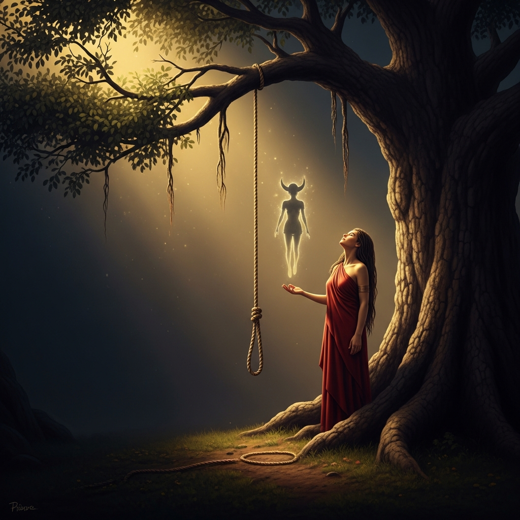 At the ayan tree, the rope hangs empty from the lowest branch. Oya stands beneath it in wine-red cloth, head tilted back, looking at what the rope still holds — the shape of what was, the shape of what is no longer.