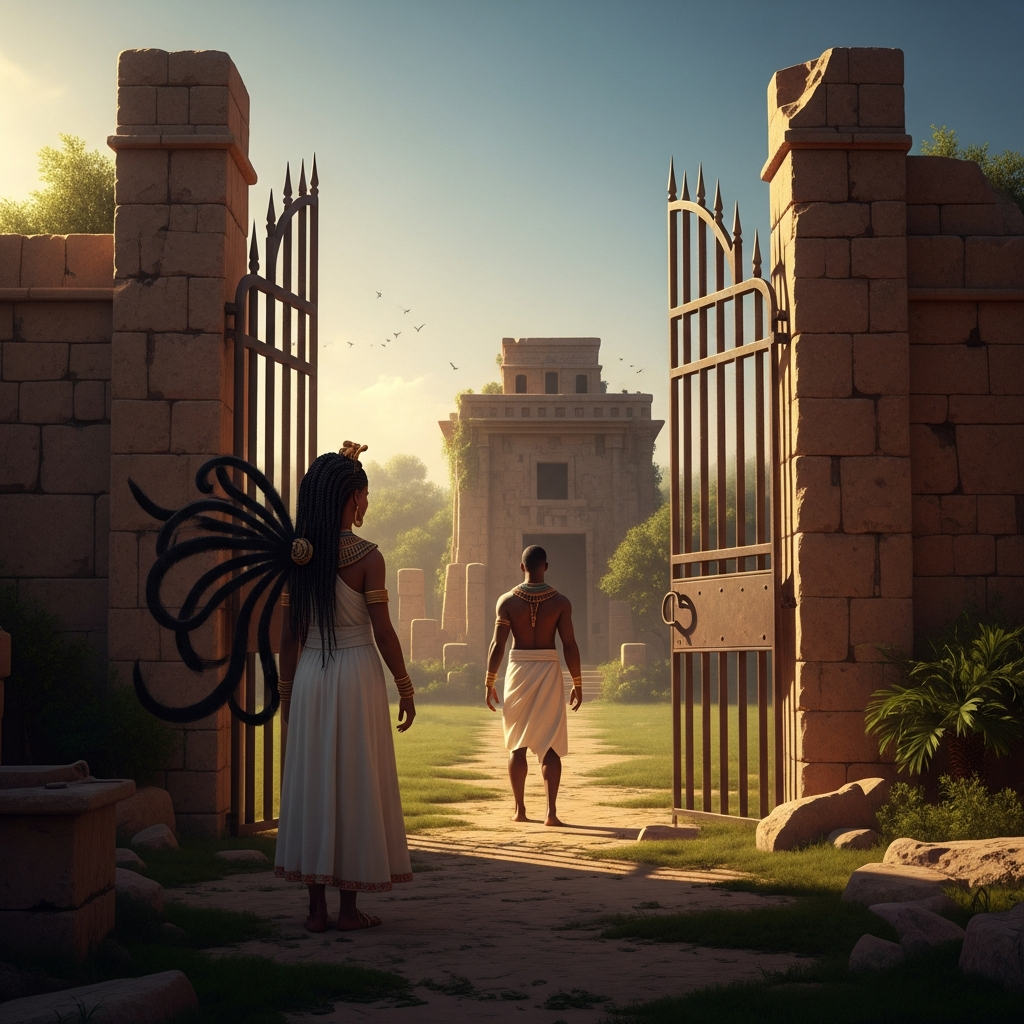 Oya stands at the gate of the ruined palace, nine-tailed flywhisk at her side, watching Shango walk north into the bush. She does not call after him. She waits until he is out of sight, then follows.