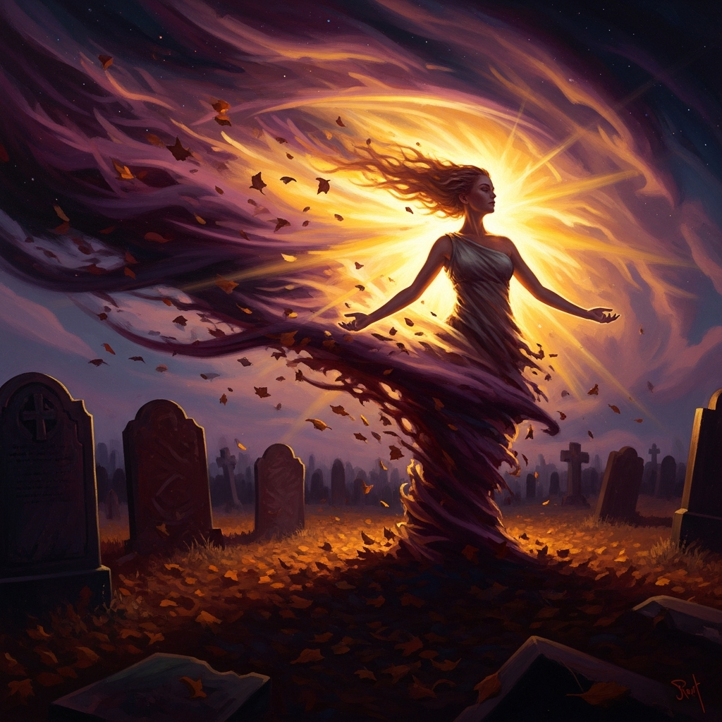 She becomes the whirlwind. Purple and wine-dark, she moves between the graves — not mourning but presiding, the wind that strips the leaves, the first being to make the boundary habitable for all who would follow.