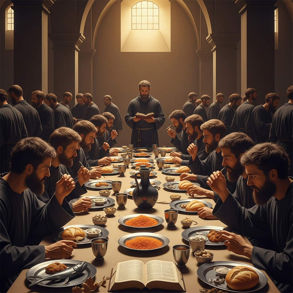 The first refectory. The brothers eat together at long tables, in silence, while one reads aloud from scripture. Each man has the same portion. The food is simple — bread, salt, lentils, on feast days a little fish. The shared meal is the visible center of the community. Pachomius eats with them.