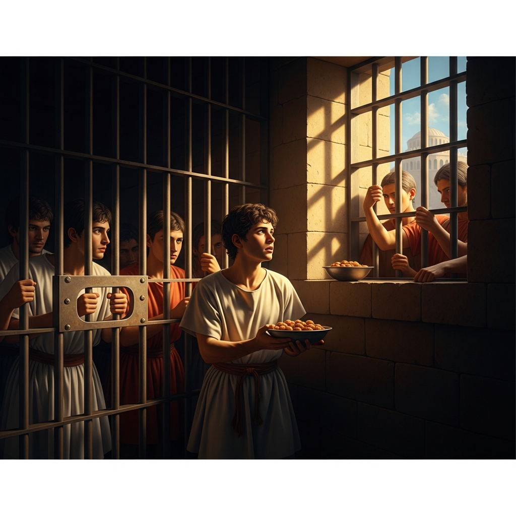 Pachomius, twenty years old, conscripted into the Roman army during the civil wars, locked in a prison-barracks at Thebes with other recruits. Local Christians bring food to the prisoners every day. Pachomius asks who they are. He learns the word *Christian*. He vows that if he survives the campaign, he will become one.