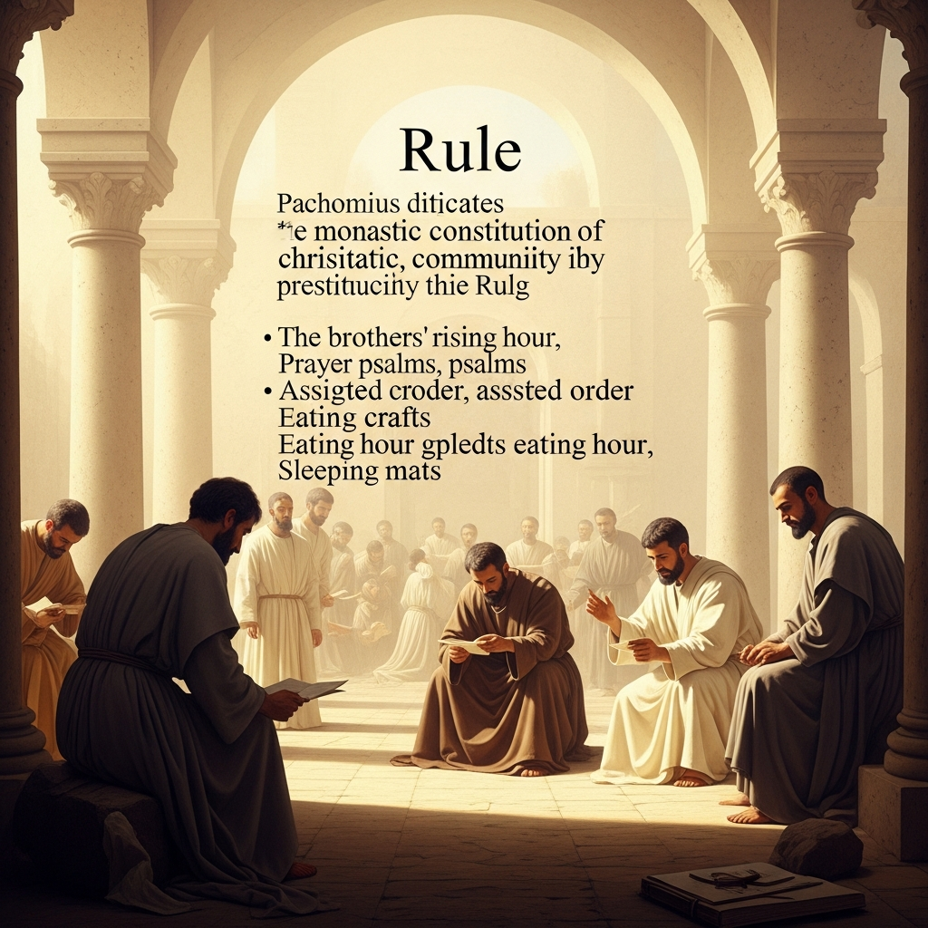 Pachomius dictates the *Rule*. The brothers will rise at this hour. They will pray these psalms in this order. They will work at these crafts. They will eat at this hour. They will sleep on these mats. The *Rule* is the first written constitution of a monastic community in Christian history.