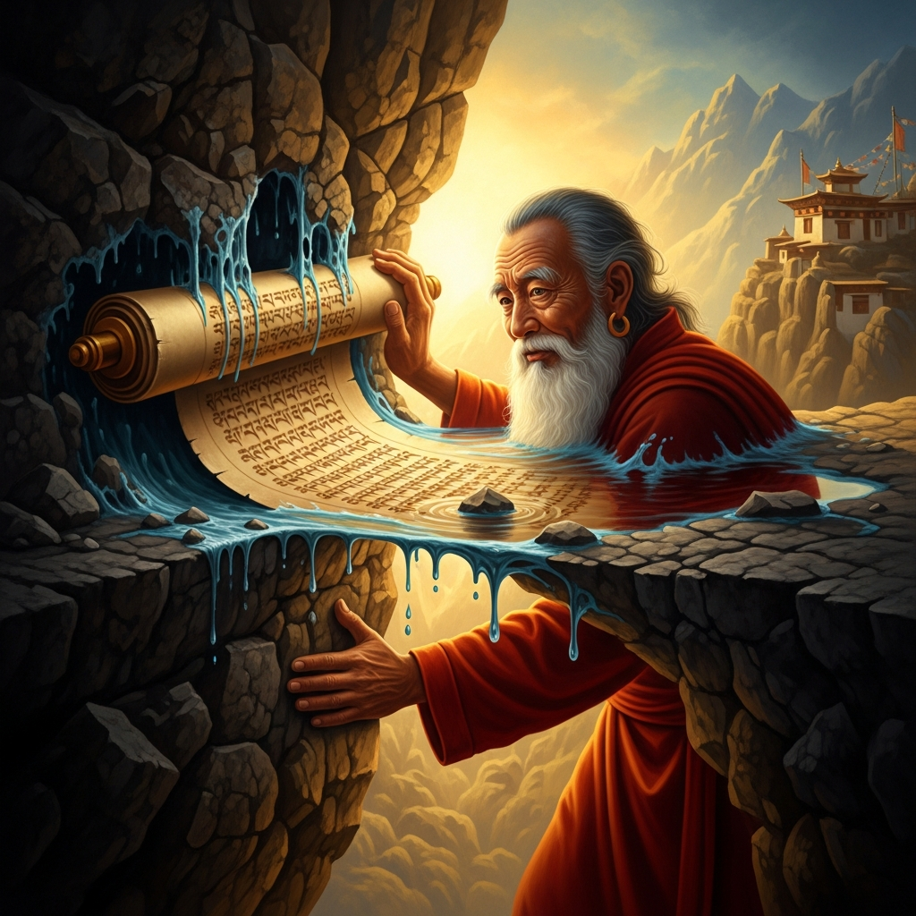 He presses a scripture into the rock face above Chimphu hermitage, and the rock receives it like water. The terma — the treasure-teaching — will sleep in the stone for three hundred years before the terton finds it.
