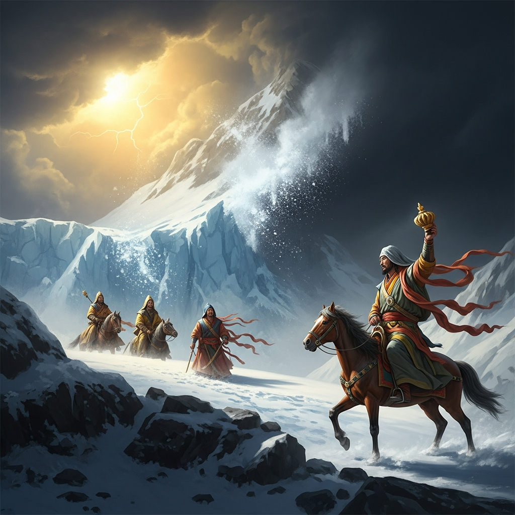 He arrives at the Mangyul border pass on a horse the color of storm-cloud. The glacier-spirit that snowed out Shantarakshita's three previous emissaries rises to meet him. He raises the phurba. The blizzard freezes mid-fall.