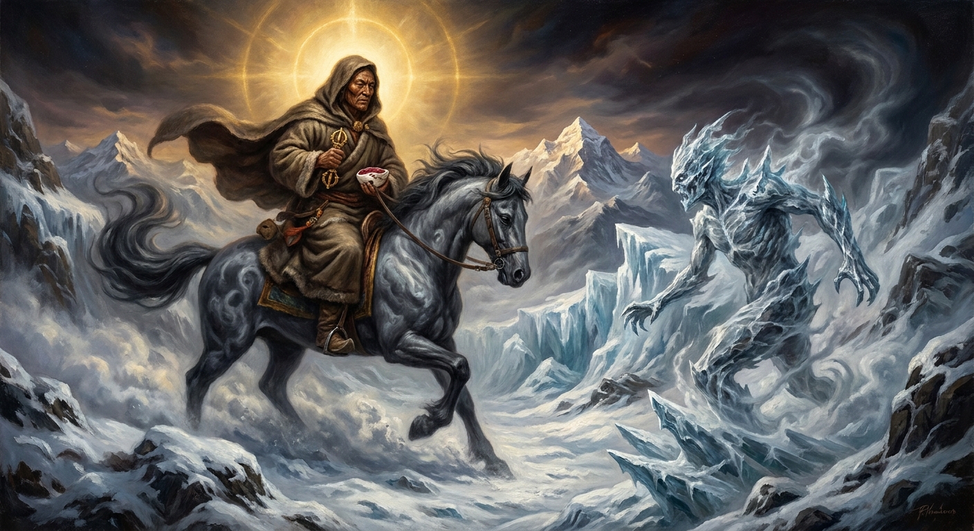 He crosses the Mangyul pass into Tibet on a horse the color of storm-cloud. The first demon — a glacier-spirit who has snowed out three previous emissaries — meets him on the path.
