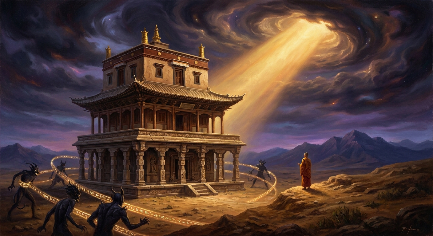 Samye monastery rising on the Yarlung plain — the first monastery in Tibet, its three storeys built in three different national styles, every demon of the plateau bound to its protection.