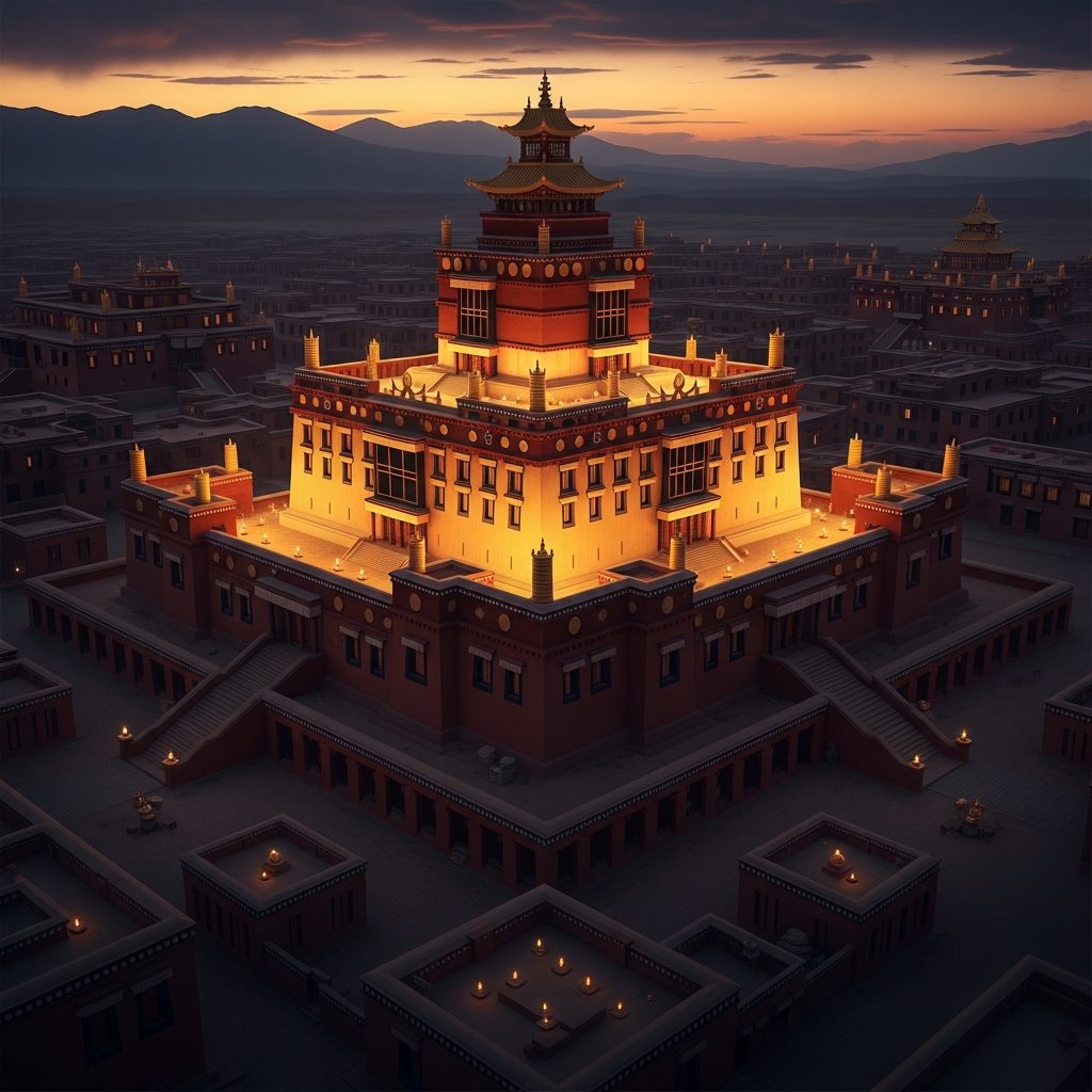 Samye monastery seen from above at dusk, its mandala plan lit by butter lamps in every window — the central tower representing Mount Meru, the four temples at the cardinal directions representing the continents, every building watched by a bound spirit who once tried to prevent its construction.