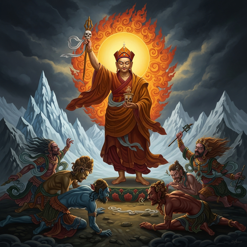 Padmasambhava at a high mountain pass in Tibet, vajra scepter raised in his right hand, skull-cup in his left, a halo of flame behind him. Below him the local gods and demons writhe in submission — glacier spirits, lake witches, sky warriors — their faces twisted between rage and awe, bowing to the earth in the storm light.