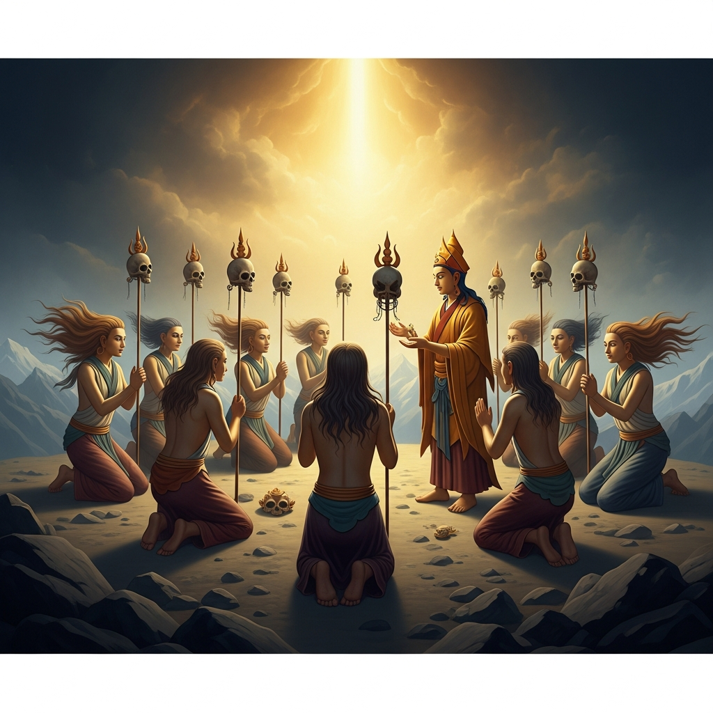 On the slopes of Mount Hepori, the twelve Tenma goddesses kneel in a circle around Padmasambhava, each pressing her skull-topped staff to the earth in the gesture of offering. Their wild hair streams in the mountain wind. He looks at each one steadily, meeting their eyes, receiving the vow.