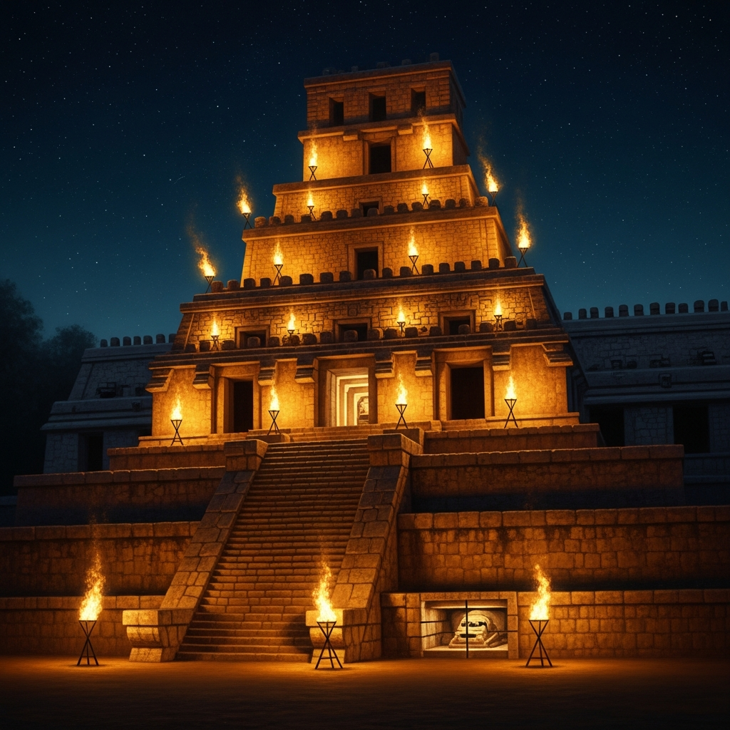 The Temple of the Inscriptions at Palenque on the night of Pakal's death — nine tiers of stone lit by fire, the stairs descending inside to the sealed crypt.