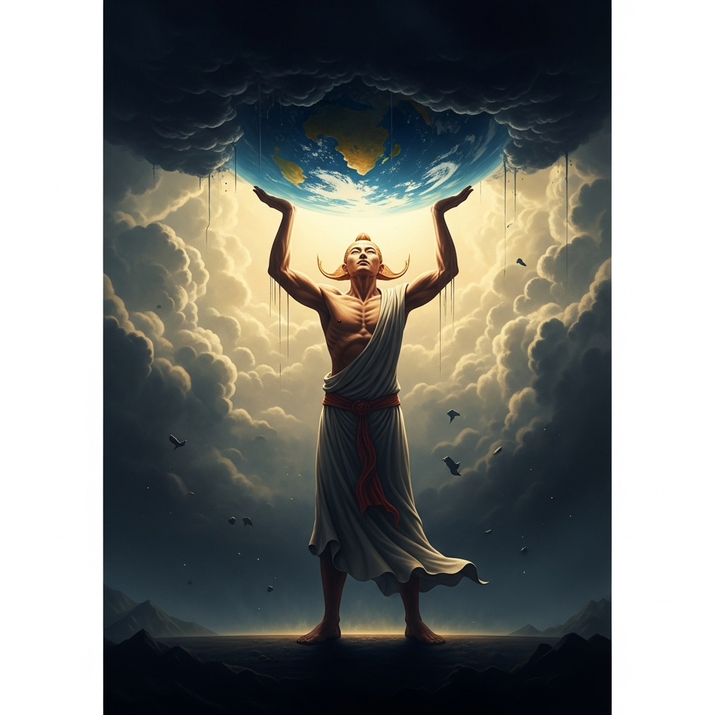 Pangu standing between the earth and sky, arms raised, bearing the weight of the firmament on his palms. He is impossibly tall — eighteen thousand years of growing ten feet per day. Below him, the dark earth. Above him, the bright sky. He is the only thing preventing the world from collapsing back into chaos. He is showing the strain of it.