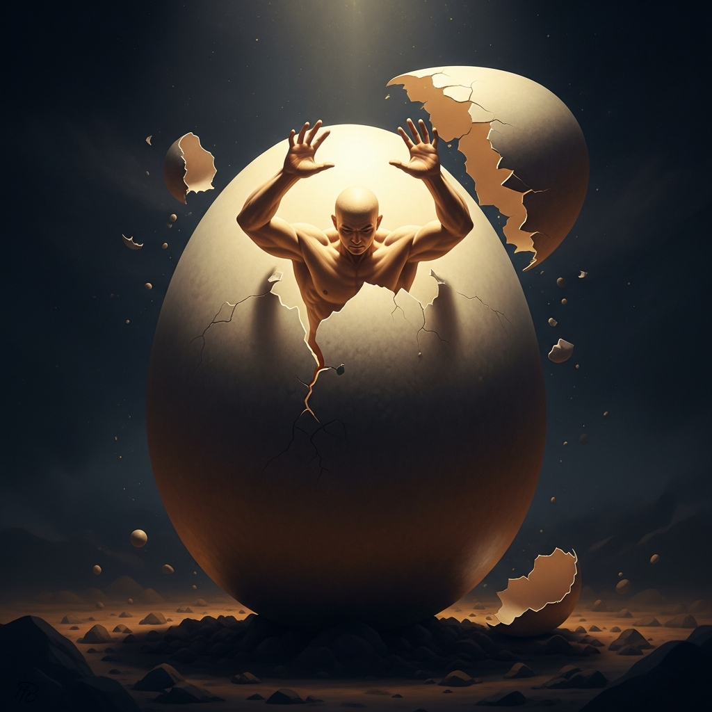 Pangu waking inside the cosmic egg — the massive figure just becoming visible as the shell begins to crack, light entering for the first time, his hands pushing up and his feet pushing down, the first gesture of creation being an act of raw physical force rather than divine speech. The egg is everything; outside it is nothing yet. Hyper-realistic mythological painting, dramatic chiaroscuro, oil painting rendering, 8k.