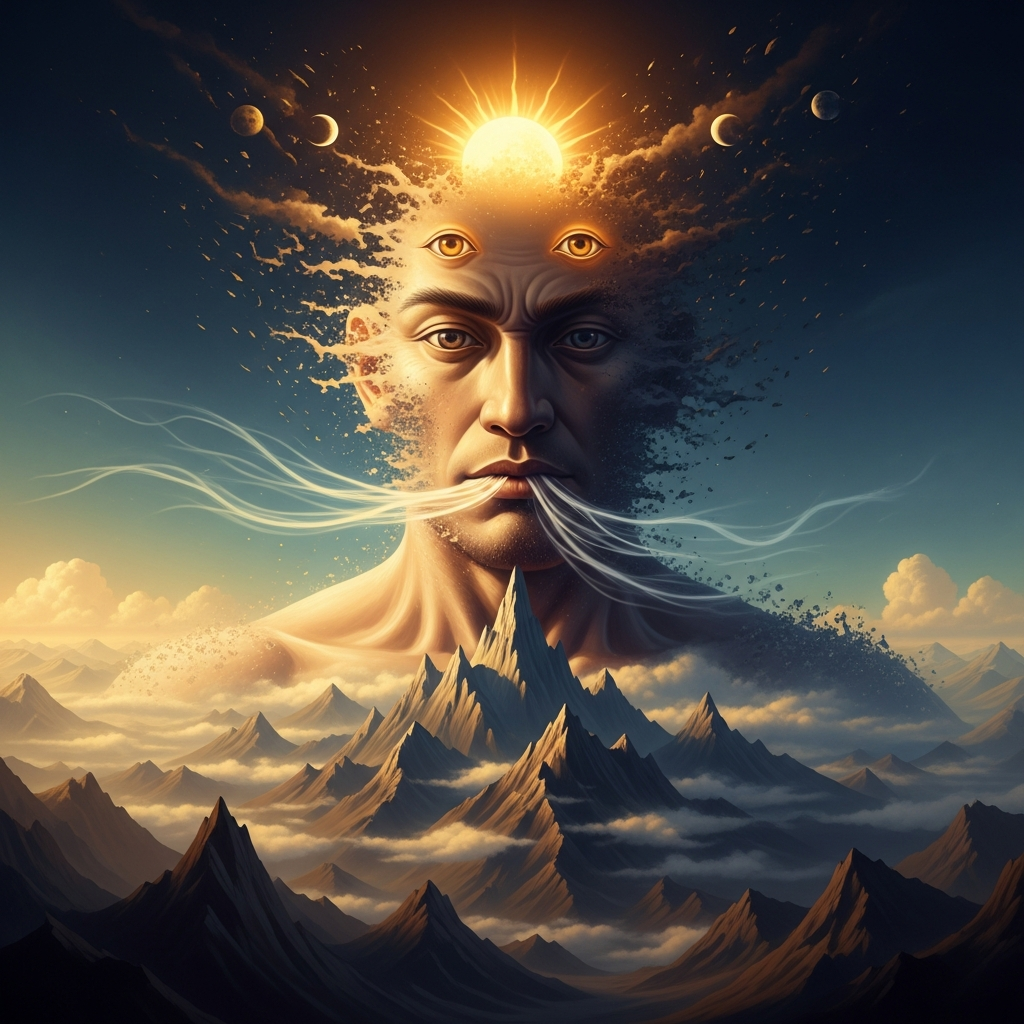 Pangu dying — the great figure dissolving, his breath becoming visible as wind sweeping across the new landscape, his eyes rising separately as sun and moon, his body becoming the mountains that form on the horizon. The world is being made from his ending. His face, as it dissolves, is not afraid.