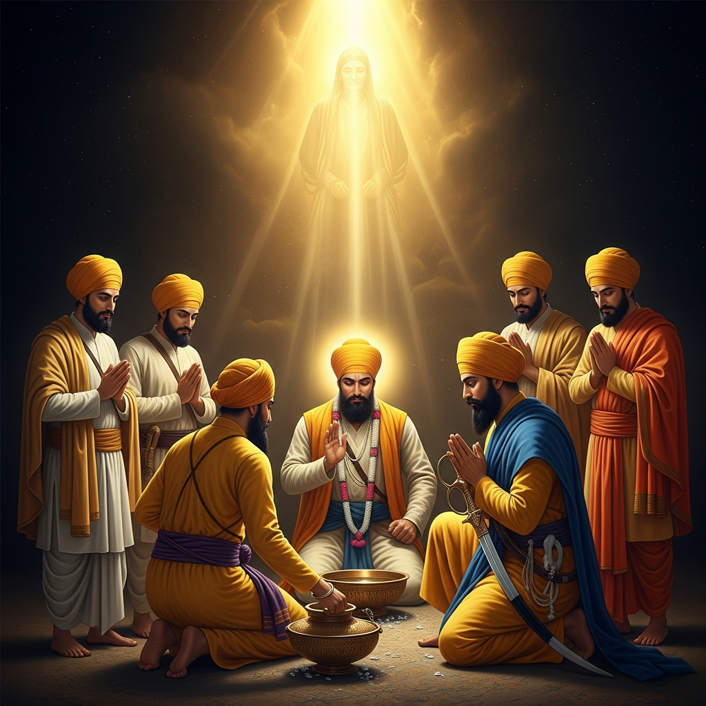 All five emerge alive, dressed in saffron, radiant. The Guru kneels before them with an iron bowl of sweetened water and a double-edged sword, and then — to every disciple's astonishment — asks the five new men to baptize him in return.