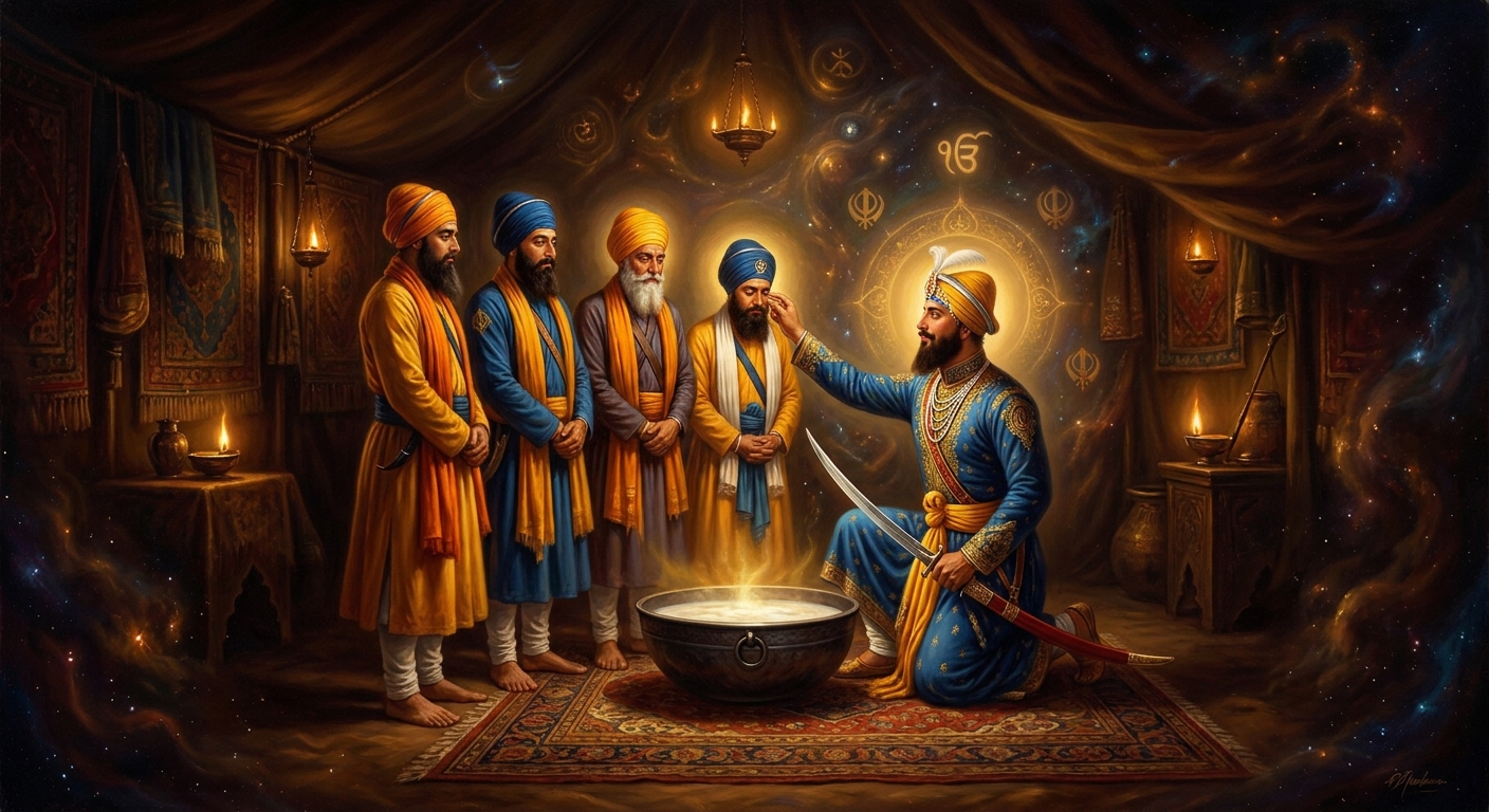 Five alive. The Guru kneels with an iron bowl of sweetened water stirred by a double-edged sword. He pours the *amrit* into the cupped hands of the Five Beloved — and then asks them to pour it into his.