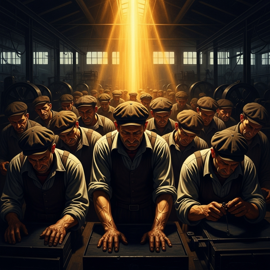 French factory workers, 1930s — the faces Weil worked beside and could not organize or save, and whose suffering became her theology.