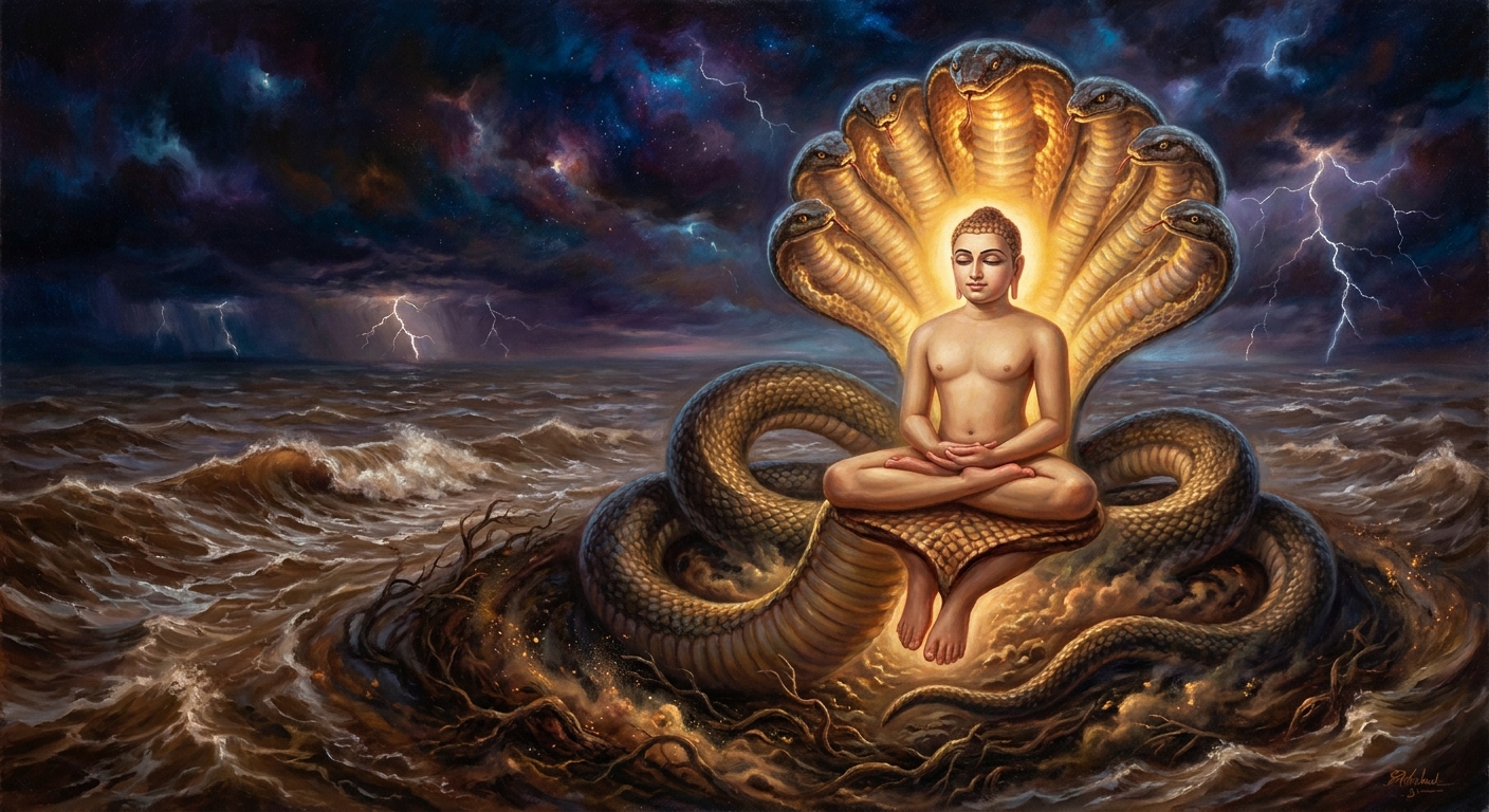 Dharanendra and Padmavati rise from beneath the soil, the king's seven hoods spreading above the saint's head, the queen's coils lifting his feet clear of the rising water.