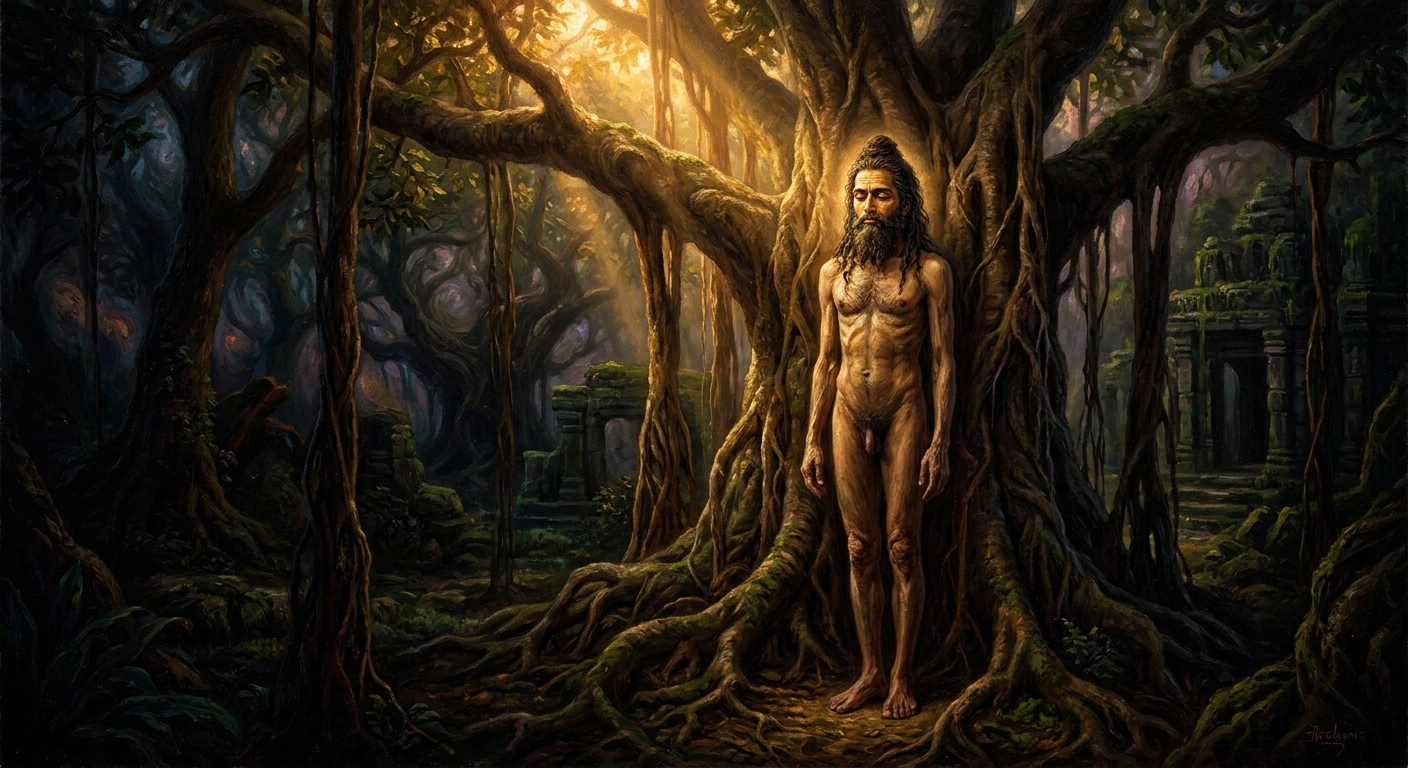 Parshvanatha enters the *kayotsarga* posture beneath a banyan, motionless, eyes fixed on the tip of his nose.