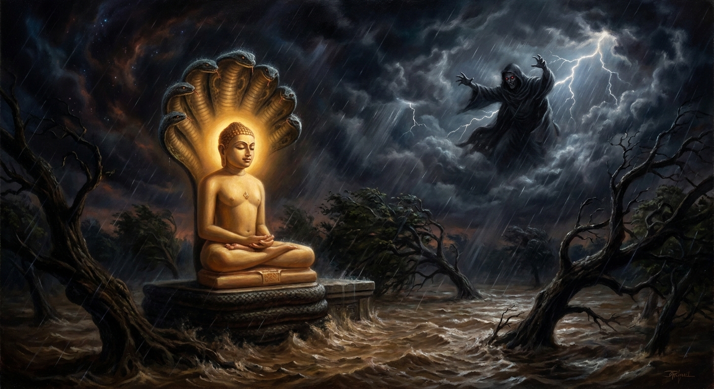 Kamatha, jealous from a hatred carried across nine lifetimes, sends the monsoon down on him in unnatural fury.