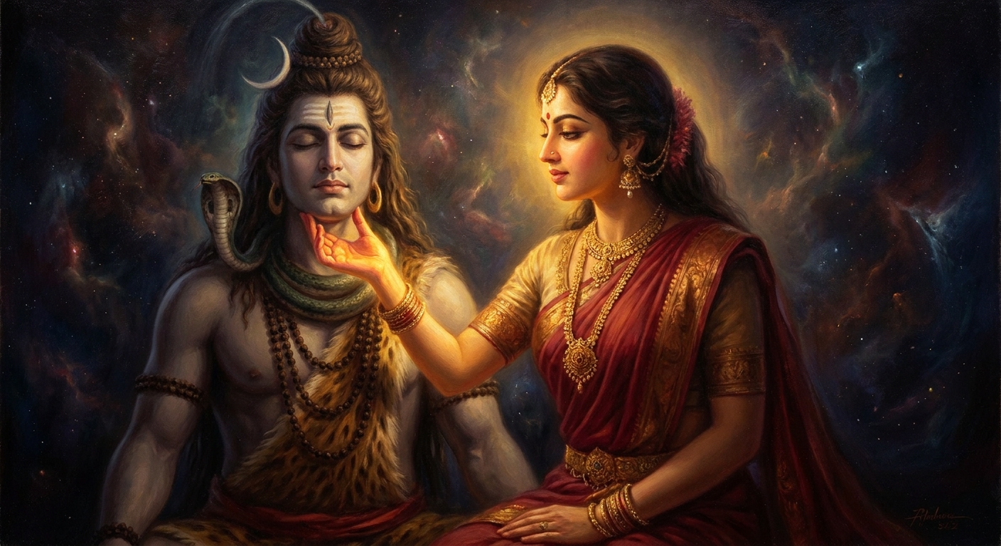 Parvati's hand at his throat — five fingers locked around the windpipe of her husband to hold the death exactly there. Compassion finds its outline in her grip.