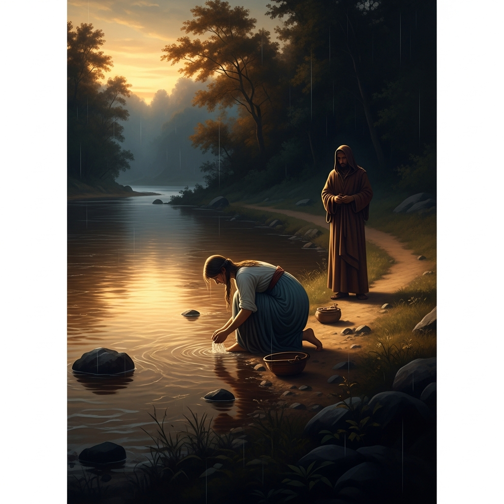The edge of a river at dusk — the water brown with rain, running fast. A woman kneels at the bank washing her feet. Behind her, at a slight distance, a figure in robes stands on the path. The figure has stopped walking and is watching her.