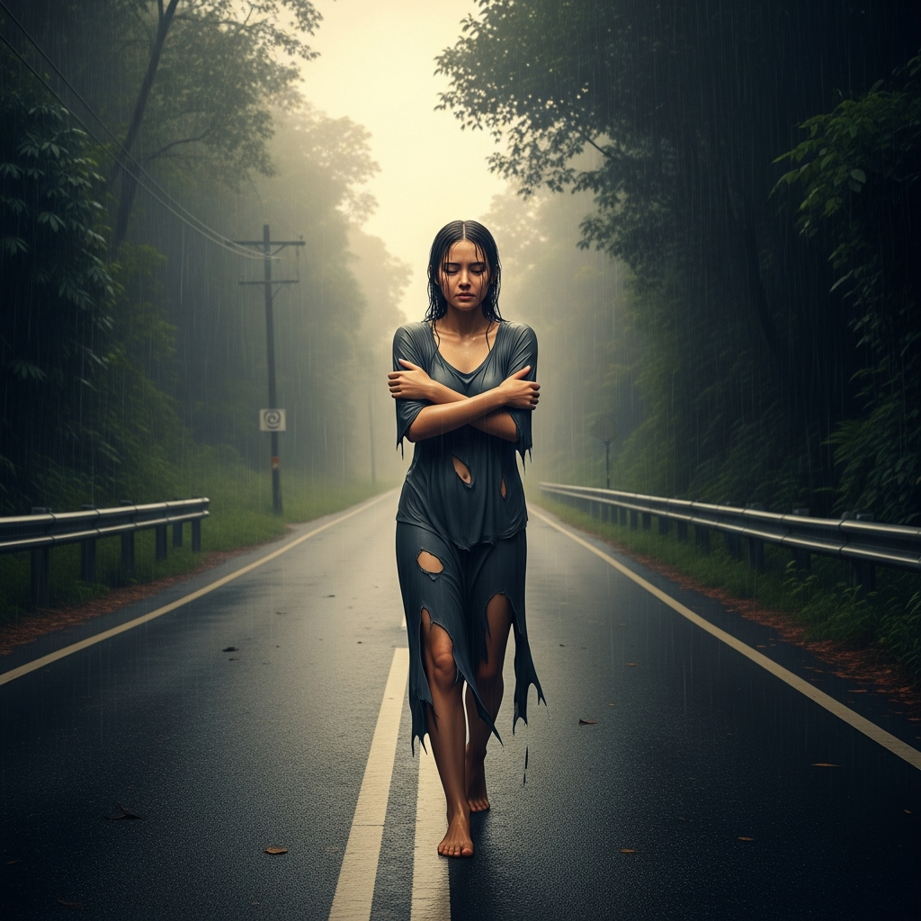 A road through jungle in monsoon rain. A woman walks with her arms crossed over her chest, her clothing torn, her face emptied of ordinary expression. She is not crying. She has moved through crying. The rain falls on her without her noticing.