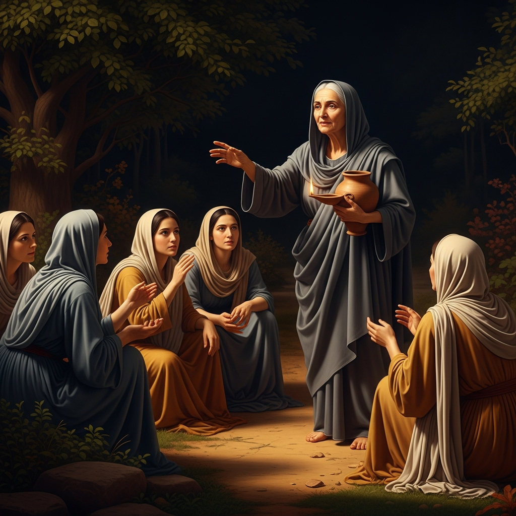 An older woman in grey robes teaching a group of younger women in a garden. She holds a clay lamp. Her face carries the specific quality of a person who has been in the fire and knows its temperature precisely.