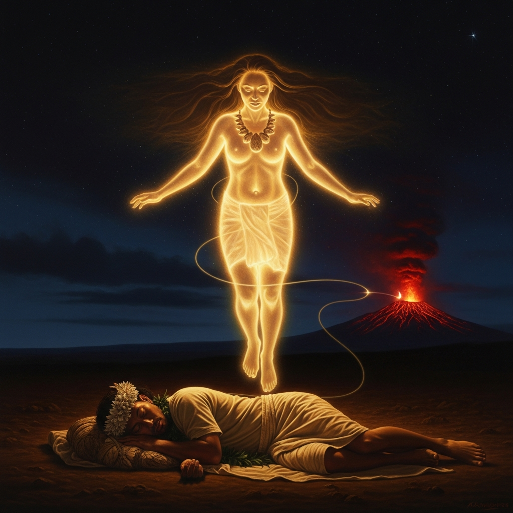 Pele's spirit-body on Kauaʻi, hovering above the sleeping chief Lohiʻau — her dream-self tethered to the lava pit on Kīlauea by a cord thinner than breath.