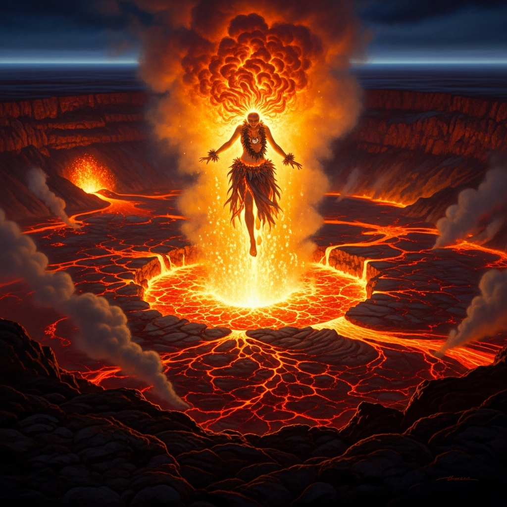 Pele descending into Kilauea — the caldera on the Big Island of Hawaii, deep enough that Namaka cannot reach it, the first place where fire has finally outlasted sea.
