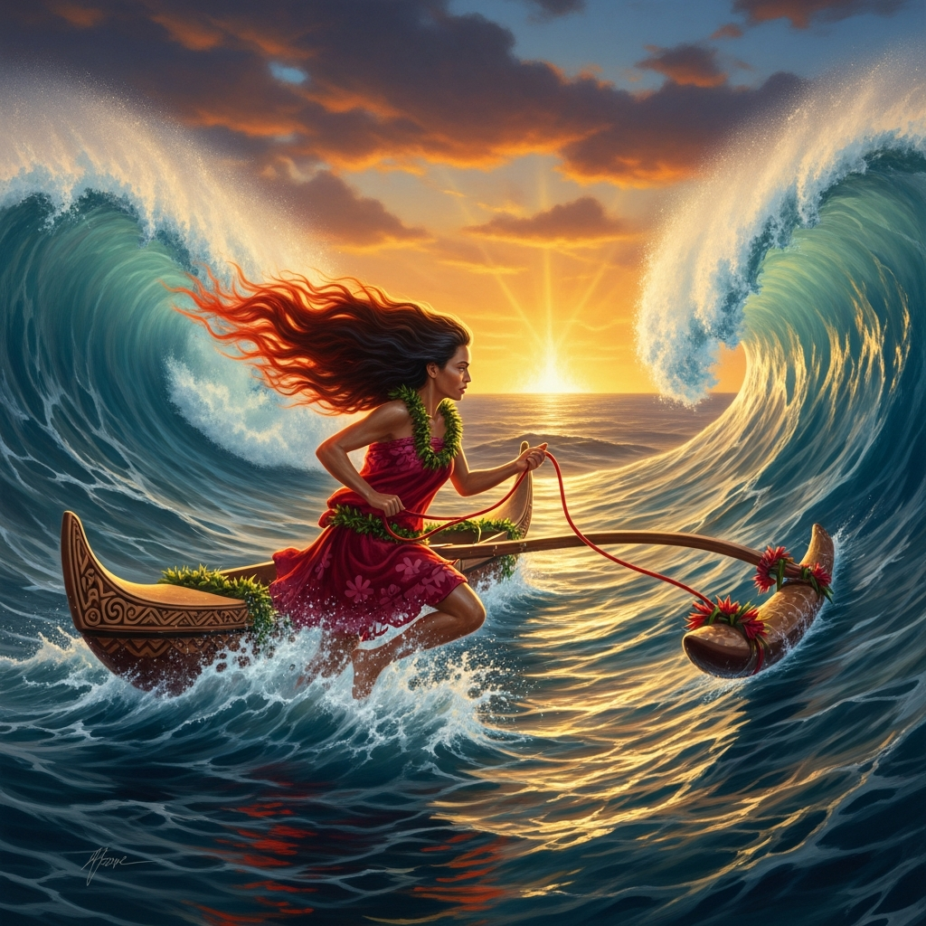 Pele running across the open Pacific — her hair streaming fire, the waves of Namaka rising on both sides of her canoe, the sky behind her lit with the glow of the fire-pit she just abandoned.