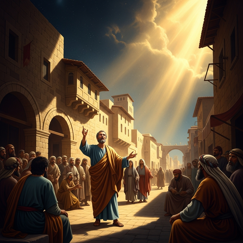 Peter stands in the Jerusalem street and speaks: the man who denied Jesus three times in a courtyard now names him the risen Lord before the crowd that crucified him.